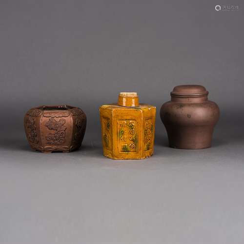 LOT OF 3, TWO CHINESE ZISHA JARS AND A SANCAI JAR