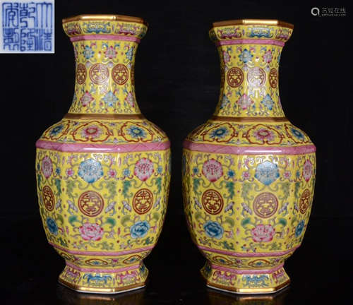 DAQINGQIANLONGNIANZHI MARK ENAMELED GLAZE VASE PAIR