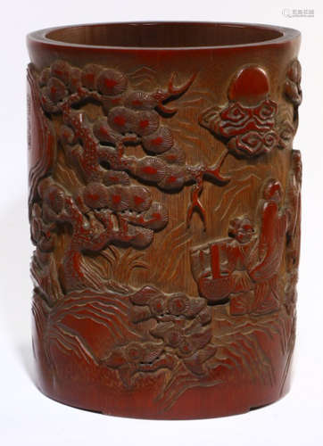 BAMBOO BRUSH POT CARVED WITH STORY