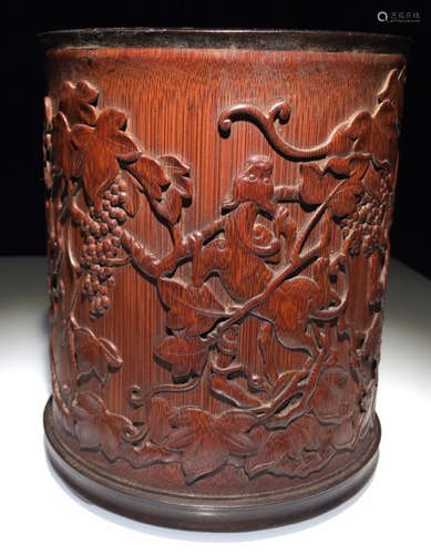 BAMBOO BRUSH POT CARVED WITH BEAST