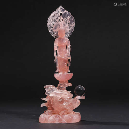 A  PINK CRYSTAL GUAN YIN STATUE