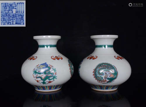 QIANLONG MARK DOUCAI GLAZE VASE PAIR