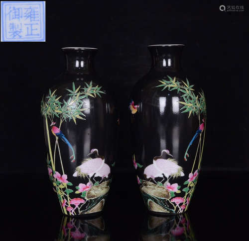 YONGZHENG MARK ENAMELED GLAZE MEIPING VASE PAIR