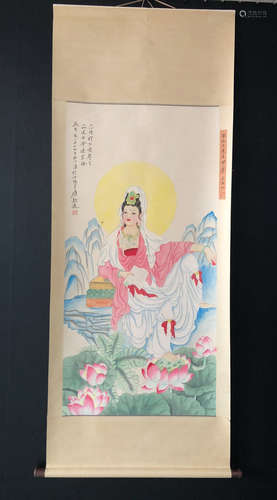 GUANYIN BUDDHA VERTICAL AXIS PAINTING BY ZHANG DAQIAN