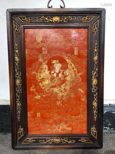 ENAMELED GLAZE THANGKA PAINTED WITH WOOD FRAME BY DING GUANPENG