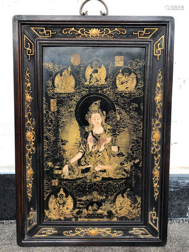 ENAMELED GLAZE THANGKA PAINTED WITH WOOD FRAME BY DING GUANPENG