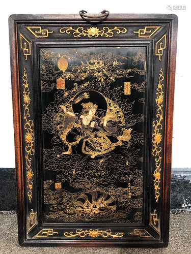 ENAMELED GLAZE THANGKA PAINTED WITH WOOD FRAME BY DING GUANPENG