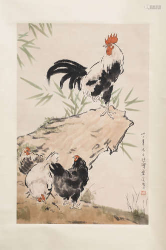 A SCROLL PAINTING OF ROOSTERS, XU BEI HONG MARK