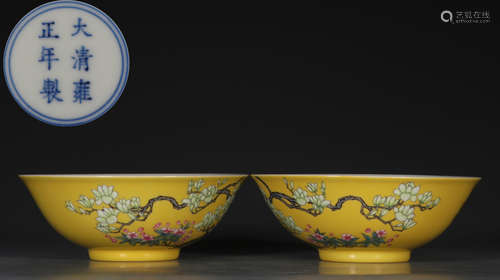 DAQINGYONGZHENGNIANZHI MARK FAMILLE ROSE GLAZE BOWL PAIR