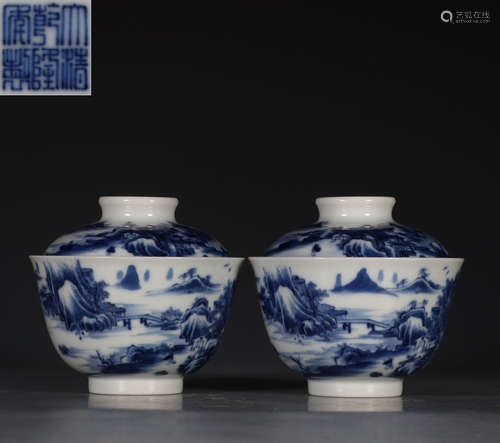 DAQINGQIANLONGNIANZHI MARK BLUE&WHITE GLAZE BOWL PAIR