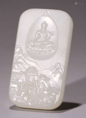 HETIAN WHITE JADE TABLET CARVED WITH BUDDHA