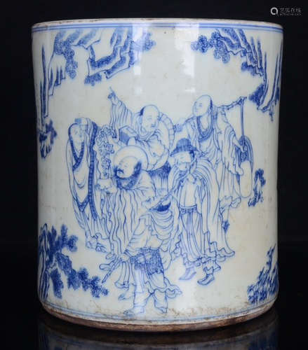 BLUE&WHITE GLAZE BRUSH POT PAINTED WITH ARHAT