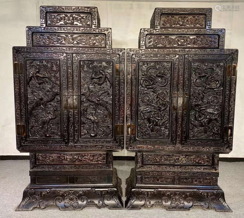 PAIR OF ZITAN WOOD CABINET CARVED WITH DRAGON