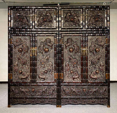 PAIR OF ZITAN WOOD CABINET CARVED WITH LION