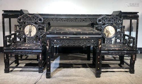 SET OF XIAOYE ZITAN WOOD CARVED CHAIR AND TABLE