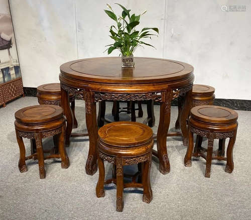 SET OF HUALI WOOD TABLE&CHAIRS CARVED WITH PATTERN