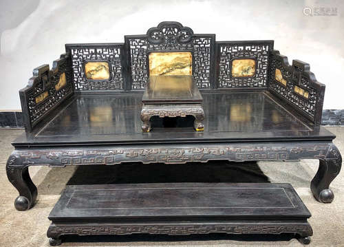 XIAOYE ZITAN WOOD CARVED ARHAT BED EMBEDDED WITH YUN STONE