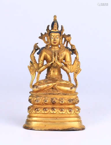 GILT BRONZE CARVED GUANYIN BUDDHA WITH MULTIPLE HABDS