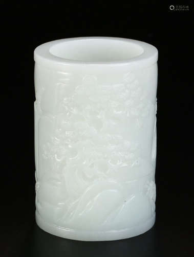 HETIAN JADE BRUSH POT CARVED WITH LANDSCAPE