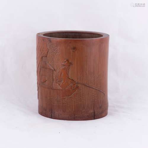 A CHINESE BAMBOO CARVED 'FIGURE' BRUSH POT