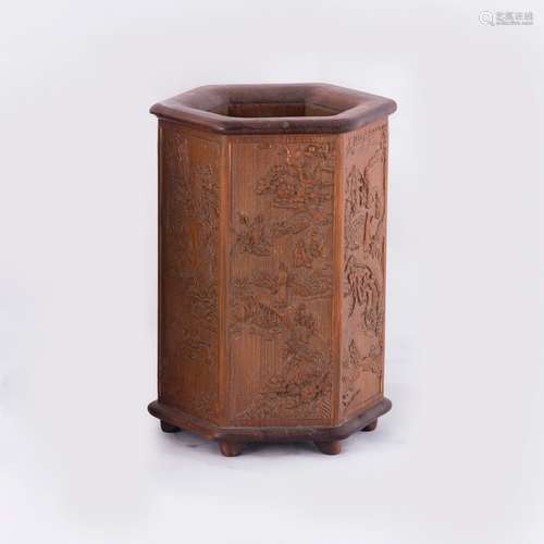 A HEXAGONAL CARVED BRUSH POT