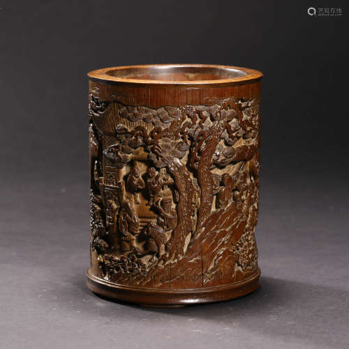 A CARVED BAMBOO ‘CRANE AND SCHOLAR’ BRUSH POT