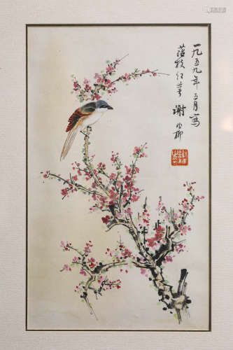 A SCROLL PAINTING OF FLOWERS AND BIRDS, XIE ZHI LIU MARK