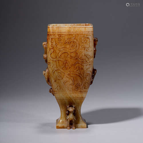 A Beast Pattern Carved Square Jade Cup