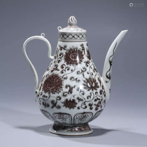 A  COPPER-RED FLORAL PORCELAIN EWER