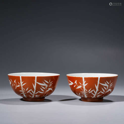 A Pair of Coral Red Ground Bamboo Pattern Porcelain Bowls