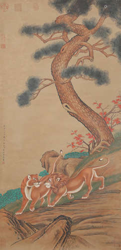 A Chinese Lions Painting, Lang Shining Mark