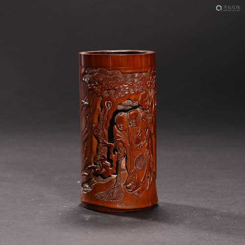 A  CARVED BAMBOO FIGURE BRUSH POT