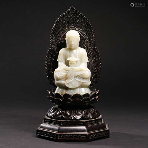 A  WHITE JADE SAKYAMUNI STATUE WITH STAND