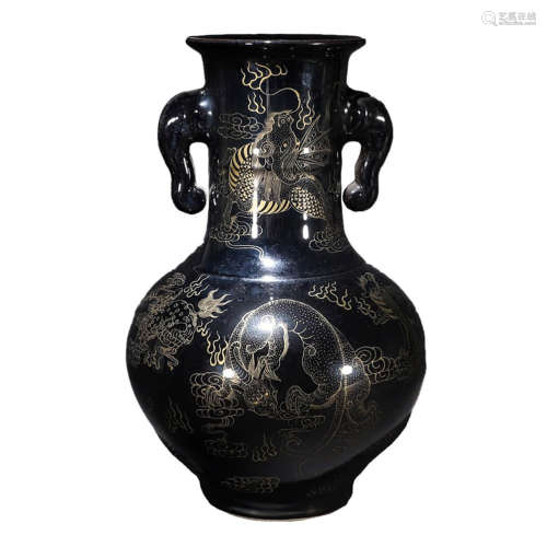 A Black Ground Gilt-inlaid Beast Pattern Porcelain Vase with Double Elephant Ears