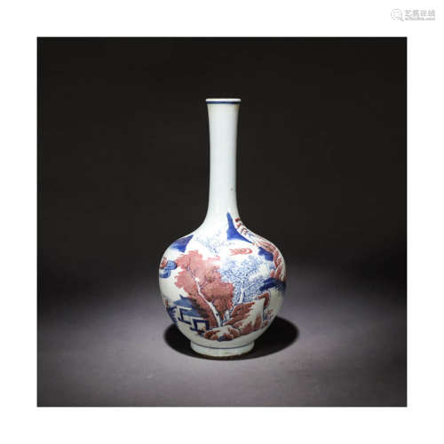 A Blue and White Underglazed Red Landscape Porcelain Flask