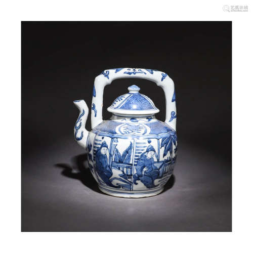 A Blue and White Floral Figure Porcelain Handled Pot