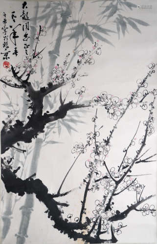 A Chinese Plum Blossom Painting Scroll, Yu Xining Mark