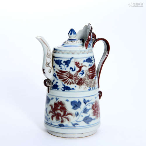 A Blue and White Underglazed Red Phoenix Pattern Porcelain Duomu Pot