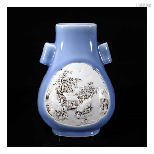 A Blue Glaze Landscape Carved Porcelain Guan Er Vase