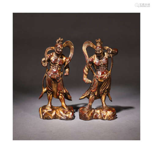 A Pair Of Cinnabar Lacquer Bronze Statue of the Two Deva Kings