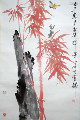 A Chinese Red Bamboo Painting Scroll, Wang Xuetao Mark