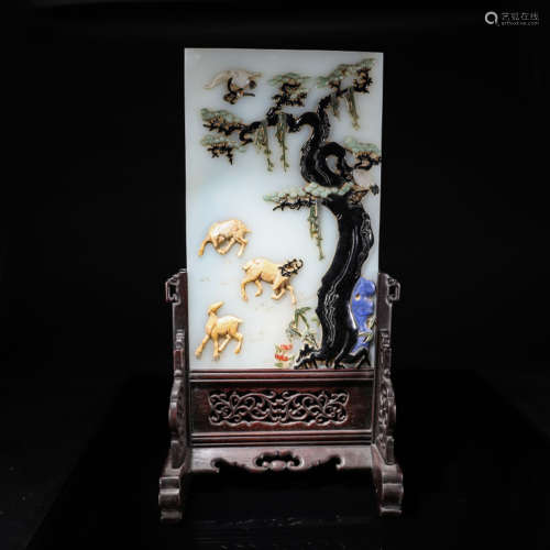 A Gem Inlaid Deer Painting Hetian Jade Screen