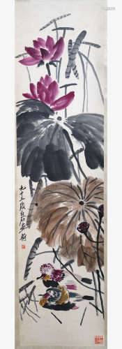 A Chinese Lotus Painting Scroll, Qi BaiShi Mark