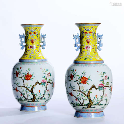 A Pair of Famille Rose Floral Porcelain Double Ears vASE