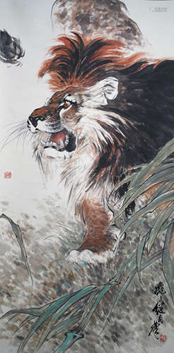 A Chinese Tiger Painting Scroll, Liu Jiyou Mark