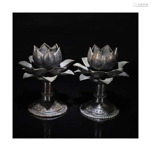 A Pair of Lotus-shaped Copper Candlesticks