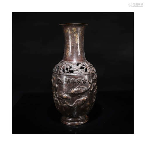 A Fish Pattern Piercing Bronze Flower Vase