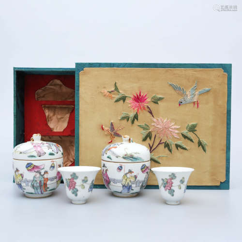 A Set of Famille Rose Floral Figures Porcelain Cups