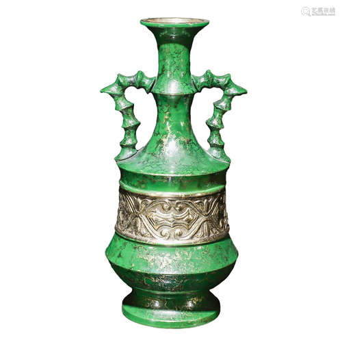 A Bamboo Joint Pattern Gild Bronze Vase with Double Ears