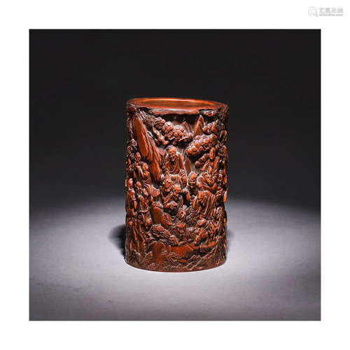 A Pine and Eighteen Arhats Carved Boxwood Brush Pot